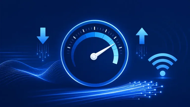 Test di velocità della connessione internet: tachimetro con frecce di download e upload e fibra ottica