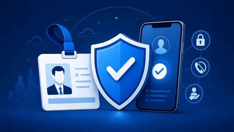 Verifica agente TIM Business: scudo con spunta, tesserino identificativo e smartphone per controllare un agente autorizzato