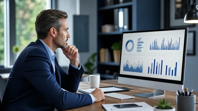 Imprenditore che analizza i costi della telefonia aziendale su un monitor con grafici