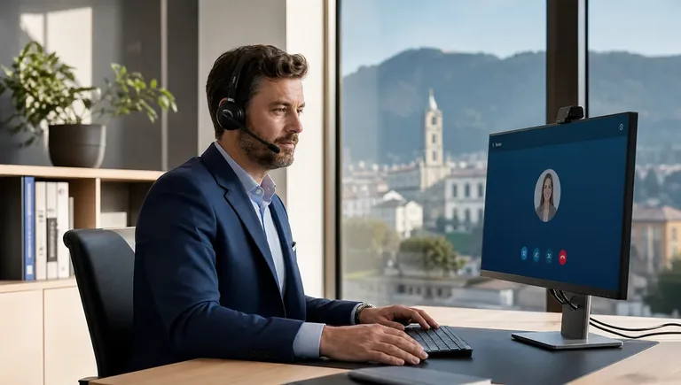 Imprenditore in ufficio mentre utilizza un centralino in cloud con cuffia