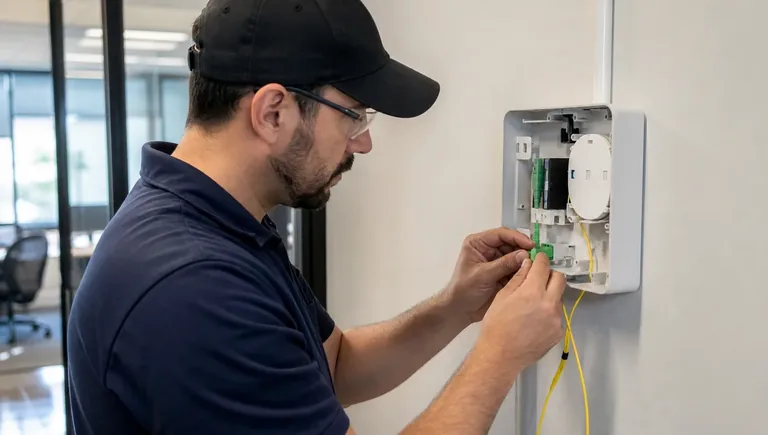 Tecnico durante l'installazione della fibra ottica FTTH in un'azienda di Pordenone