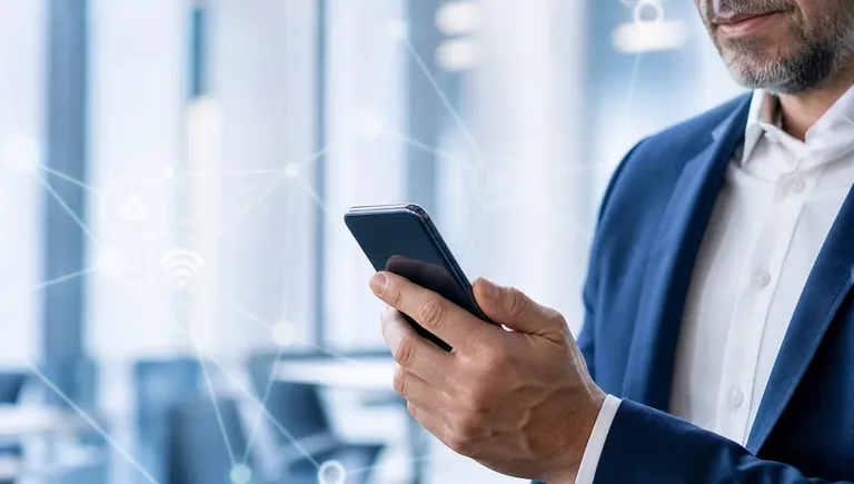 Professionista che usa uno smartphone aziendale con offerta mobile TIM Business, connessione 5G e GIGA in Italia ed Europa