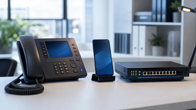 Telefono VoIP, smartphone aziendale e router per centralino cloud su una scrivania