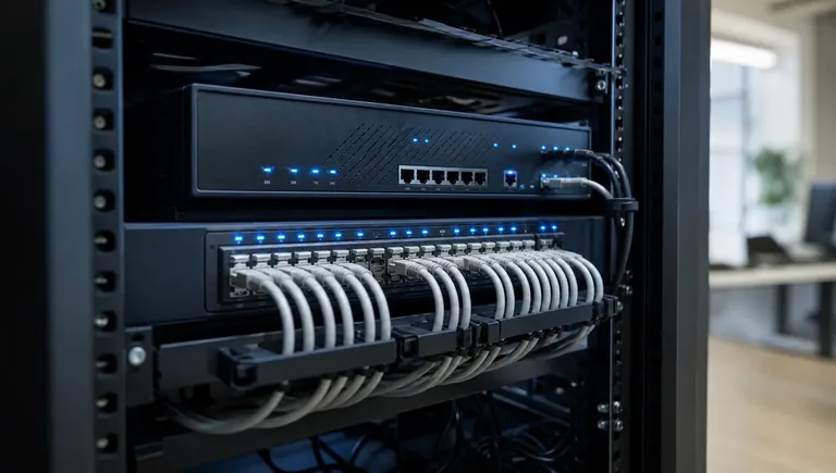 Router professionale e apparati di rete aziendale in un piccolo armadio server