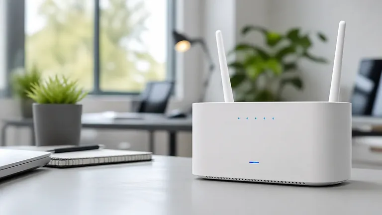 Router FWA in ufficio Router FWA con antenne appoggiato sulla scrivania di un ufficio moderno