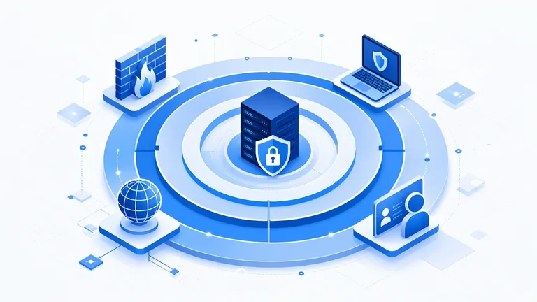 Le difese di cybersecurity aziendale organizzate a livelli Difese di cybersecurity a livelli: anelli di protezione attorno a server e lucchetto con firewall, endpoint e rete