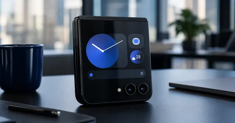 FlexWindow esterna del Samsung Galaxy Z Flip8 con notifiche e widget aziendali
