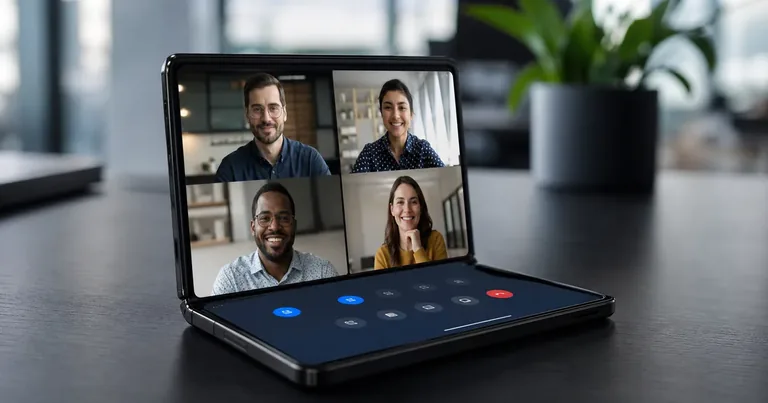 Videoconferenza aziendale su Samsung Galaxy Z Fold8 in modalità Flex