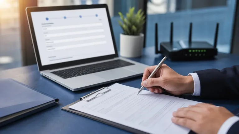 Compilazione e firma del modulo di subentro Fastweb Business alla scrivania con laptop e router in fibra