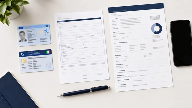 Documenti necessari per il subentro Fastweb Business: documento d'identità, codice fiscale, modulo e visura aziendale su una scrivania