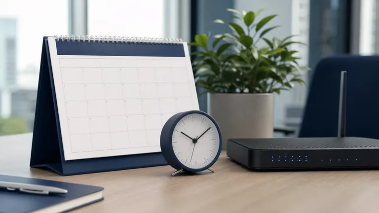 Tempi di attivazione del subentro Fastweb Business rappresentati da calendario e orologio accanto al router in fibra