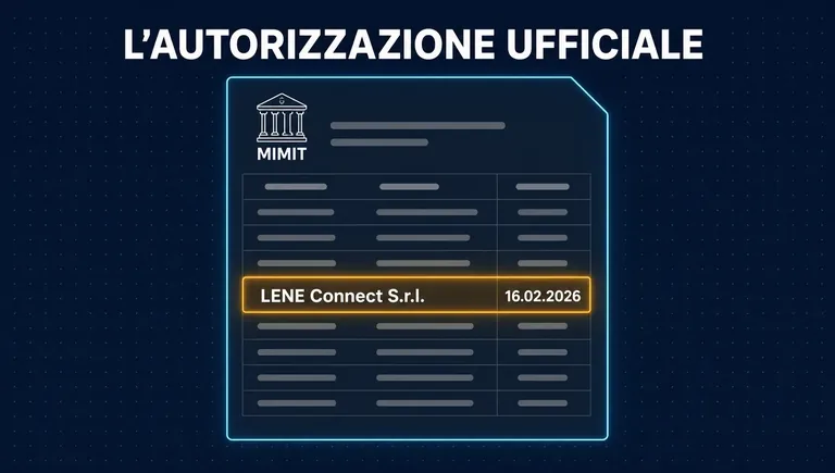 L'autorizzazione MVNO di Lene Connect nell'elenco MIMIT Elenco ufficiale MIMIT con la riga di LENE Connect S.r.l. e la data del provvedimento 16.02.2026 evidenziata