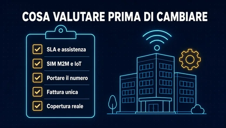 Cosa valutare prima di cambiare operatore mobile aziendale Checklist per le aziende prima di cambiare operatore mobile: SLA, SIM M2M e IoT, portabilità, fattura unica e copertura reale