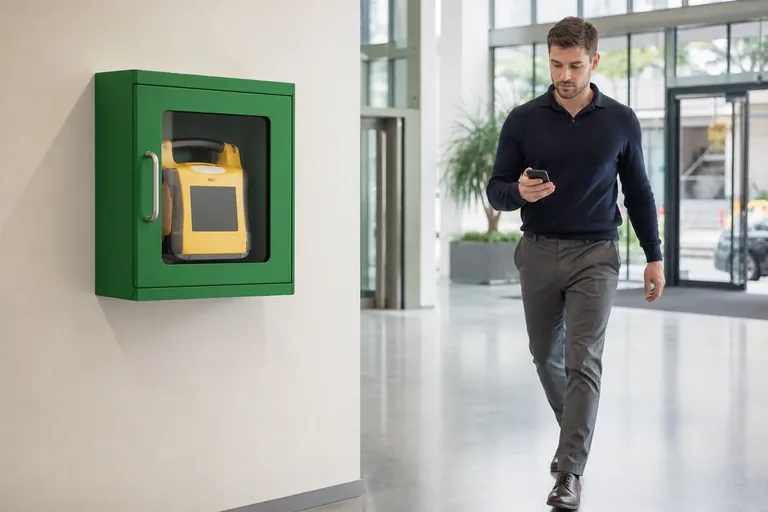 Defibrillatore DAE a parete e persona allertata sullo smartphone come first responder