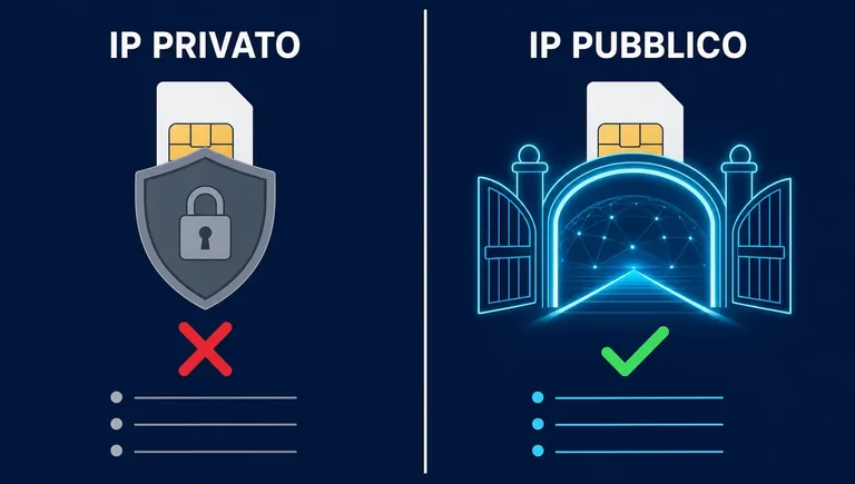 IP pubblico e IP privato a confronto su una SIM dati Infografica di confronto tra IP privato e IP pubblico su una SIM dati aziendale