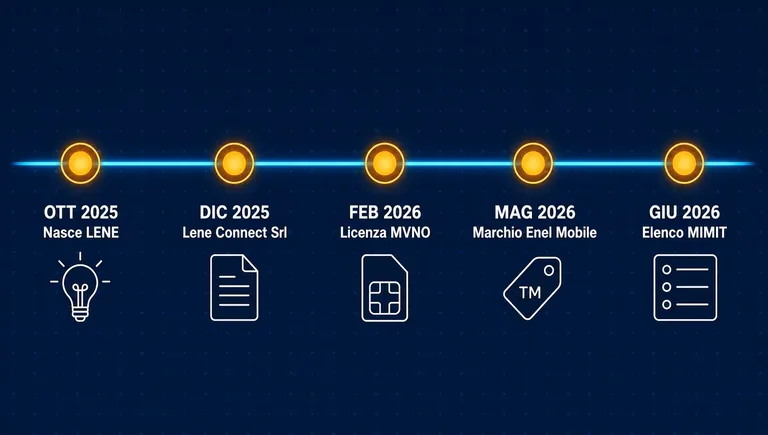 Le tappe verso l'operatore mobile del Gruppo Enel Timeline da ottobre 2025 a giugno 2026: nascita di LENE, costituzione di Lene Connect, licenza MVNO, marchio Enel Mobile ed elenco MIMIT