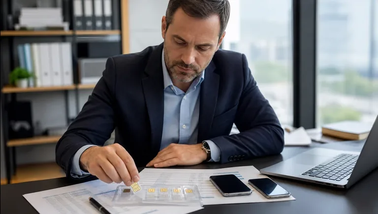 Portabilità di più SIM aziendali verso un nuovo operatore Manager in ufficio che controlla un vassoio con più schede SIM aziendali accanto a due smartphone e un elenco di numerazioni