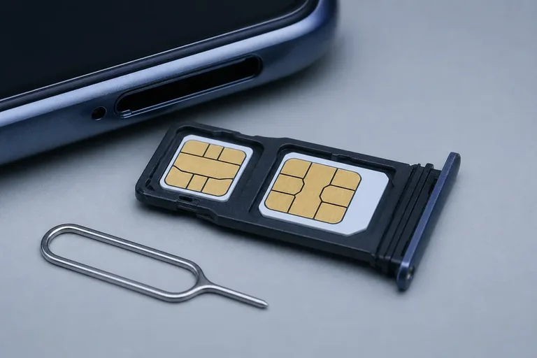 SIM fisica nano-SIM e vassoio dello smartphone Nano SIM fisica appoggiata sul vassoio estraibile di uno smartphone