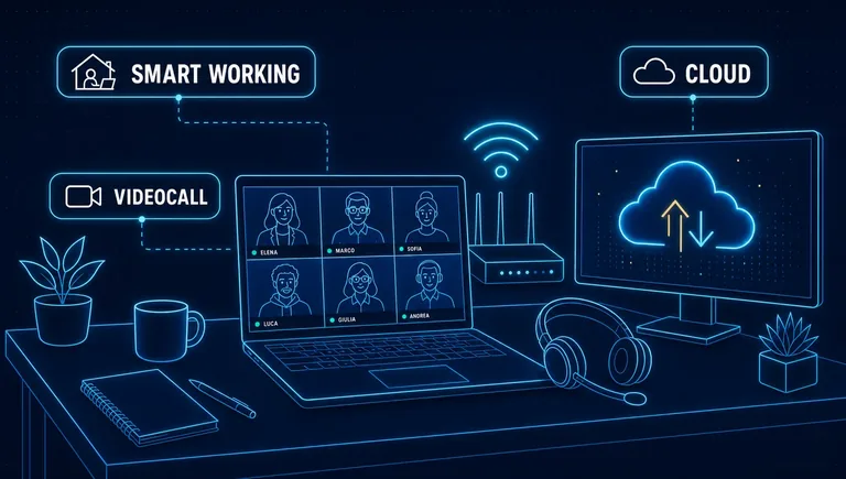 Smart working e videoconferenze con connessione stabile Smart working e videoconferenze: postazione domestica con notebook in videocall, modem e servizi cloud