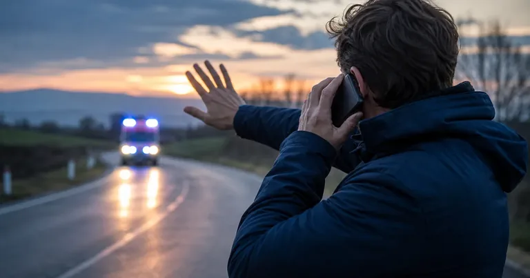 Persona che chiama il 112 dal cellulare mentre un'ambulanza arriva sul luogo dell'emergenza