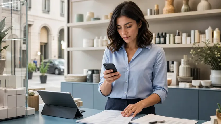 Gli strumenti dell'app WhatsApp Business per la gestione dei clienti Schermata concettuale dell'app WhatsApp Business con profilo aziendale, etichette e risposte rapide