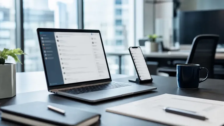 Uso di WhatsApp Web dalla postazione di lavoro in azienda Postazione di lavoro in ufficio con WhatsApp aperto sul computer accanto a documenti e telefono