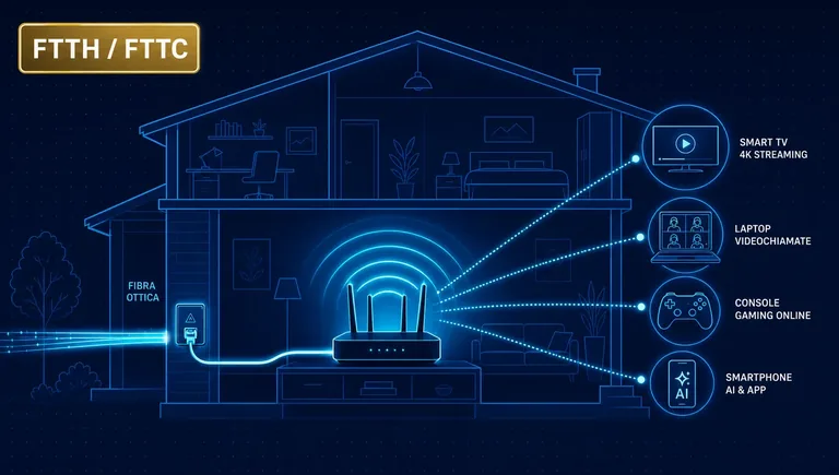 WiFi Priority sulla linea fissa in fibra FTTH e FTTC WiFi Priority su linea fissa in fibra FTTH e FTTC: modem di casa collegato a computer, smart TV, console e smartphone